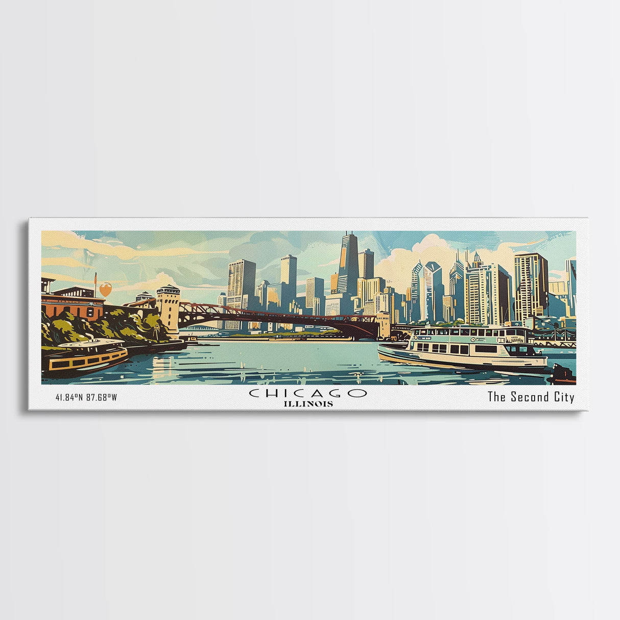 Chicago Illinois Panoramic Painting, Mid Century Modern Framed Canvas Print, Retro Pop Art Travel Poster, Wall Decor, Gift Idea, Home Decor