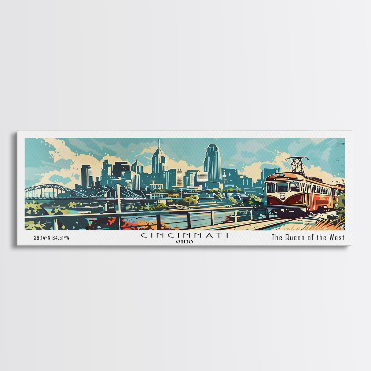 Cincinnati Ohio Panoramic Wall Art, Retro Pop Art Framed Canvas Print, Mid Century Modern Travel Poster, Living Room Decor, Wall Hanging, Office Art