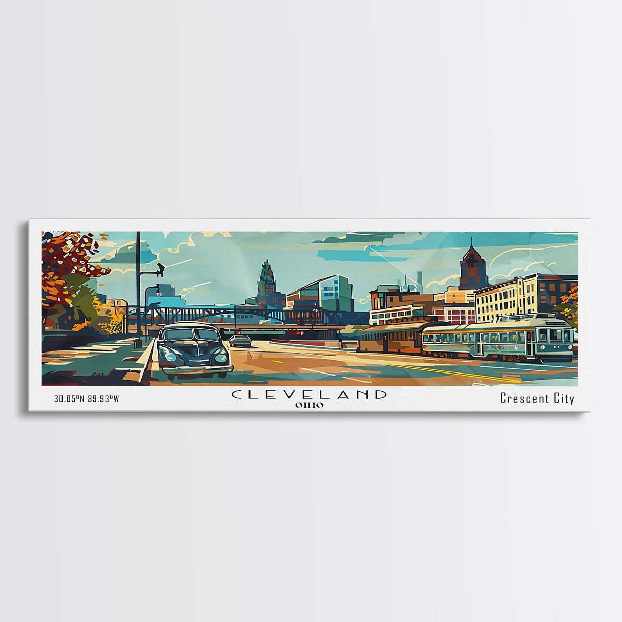 Cleveland Ohio Panoramic Wall Art, Mid Century Modern Framed Canvas Print, Retro Pop Art Travel Poster, Office Wall Art, Living Room Decor