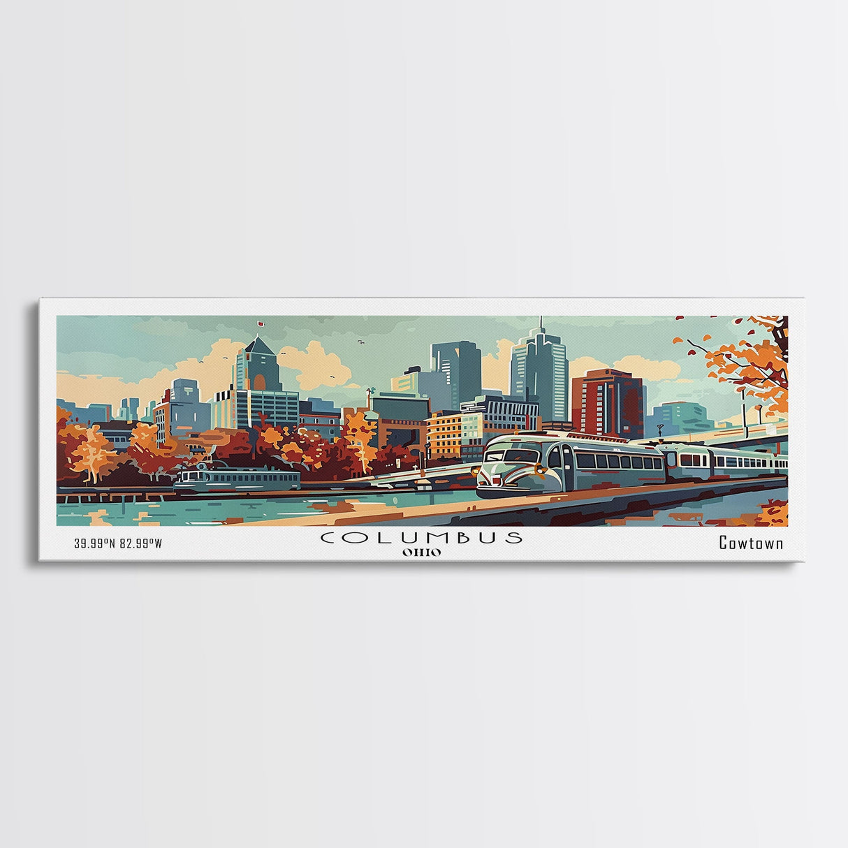 Columbus Ohio Panoramic Painting, Mid Century Modern Framed Canvas Print, Retro Pop Art Travel Poster, Wall Art, Home Decor, Office Art, Gift Idea