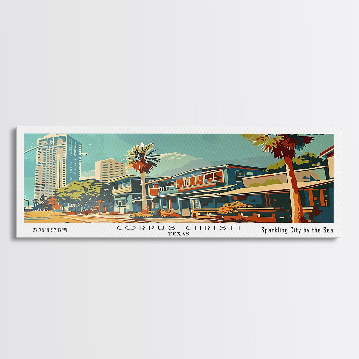 Corpus Christi Texas Panoramic Painting, Mid Century Modern Framed Canvas Print, Retro Pop Art Travel Poster, Wall Decor, Home Decor, Wall Hanging