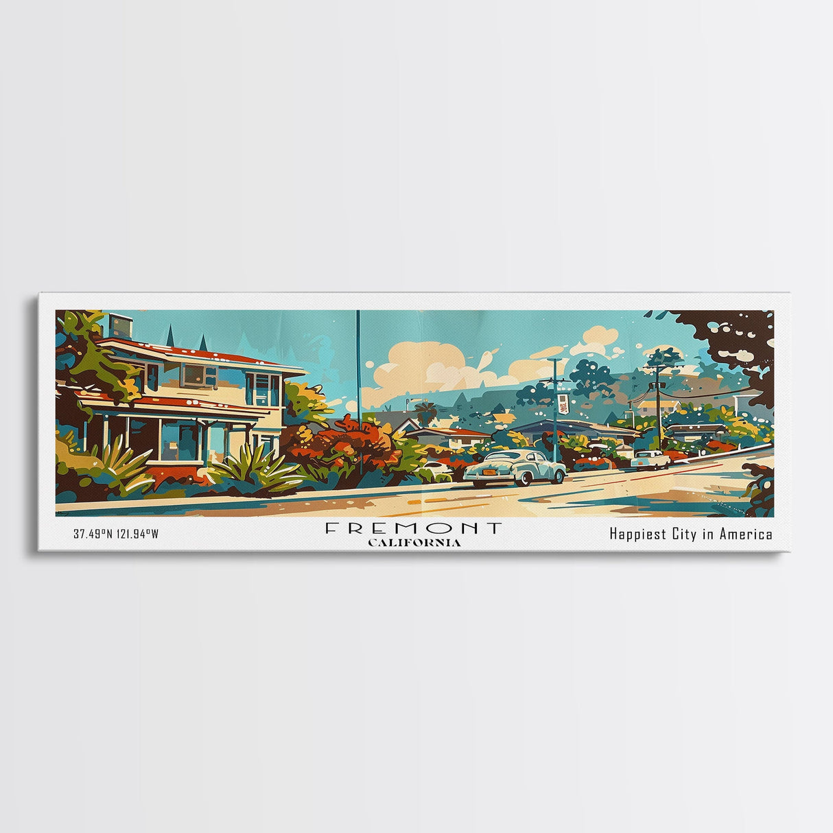 Fremont California Panoramic Painting, Mid Century Modern Framed Canvas Print, Retro Pop Art Travel Poster, Wall Decor, Gift Idea, Home Decor