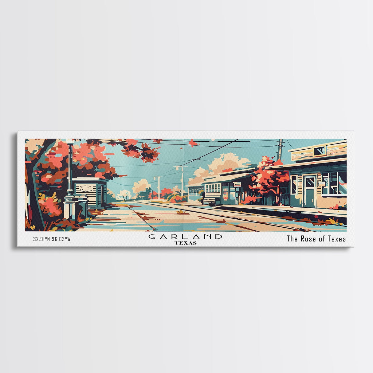 Garland Texas Panoramic Painting, Mid Century Modern Framed Canvas Print, Retro Pop Art Travel Poster, Wall Art, Home Decor, Office Art