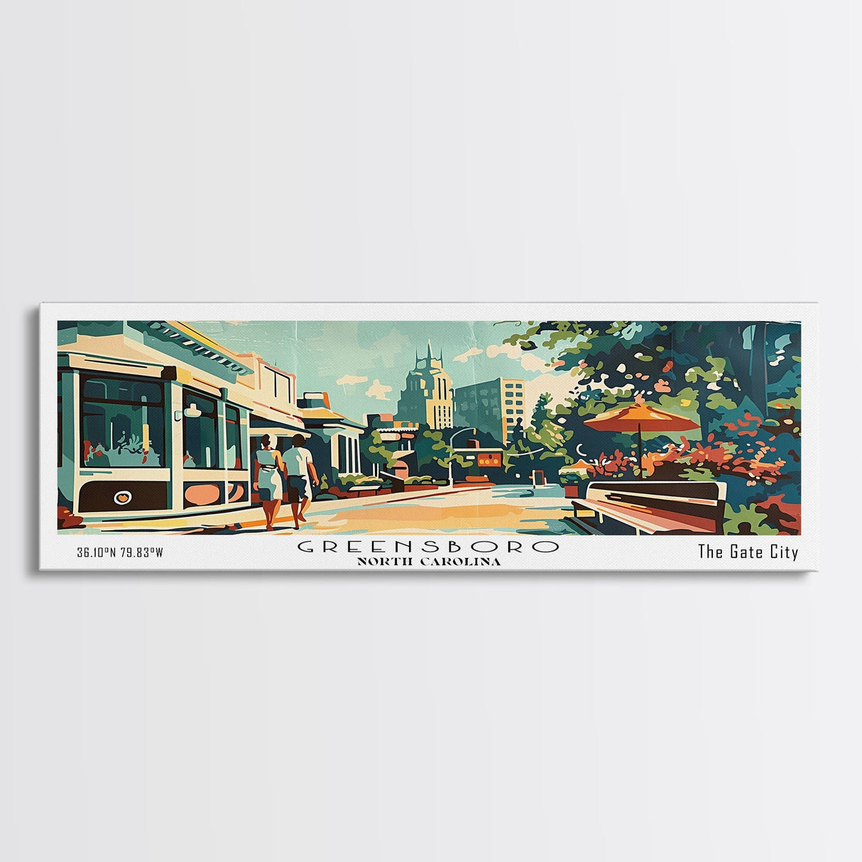 Greensboro North Carolina Panoramic Painting, Mid Century Modern Framed Canvas Print, Retro Pop Art Travel Poster, Wall Art, Living Room Decor, Office Art