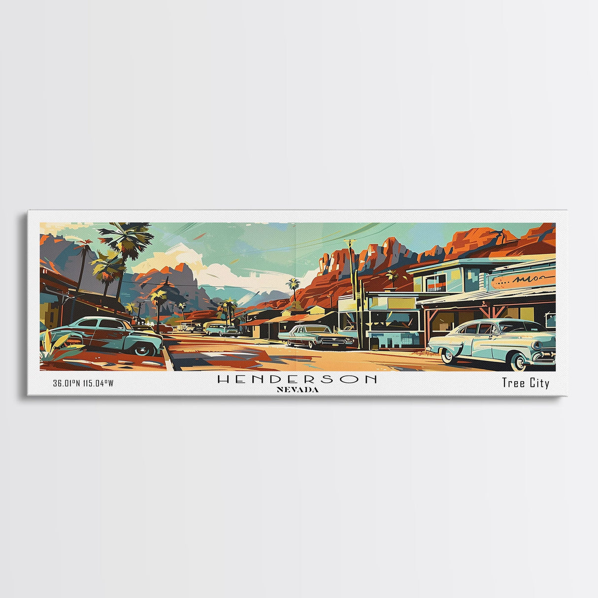 Henderson Nevada Panoramic Wall Art, Mid Century Modern Framed Canvas Print, Retro Pop Art Travel Poster, Home Decor, Office Art, Living Room Wall Hanging