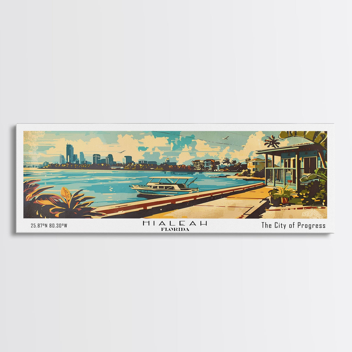 Hialeah Florida Panoramic Painting, Mid Century Modern Framed Canvas Print, Retro Pop Art Travel Poster, Wall Art, Home Decor, Office Wall Art, Gift Idea