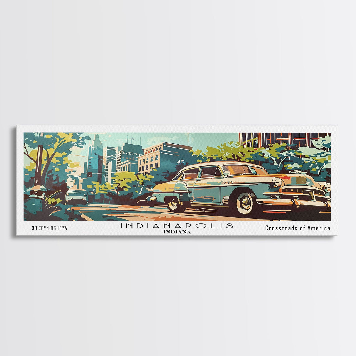 Indianapolis Indiana Panoramic Painting, Mid Century Modern Framed Canvas Print, Retro Pop Art Travel Poster, Wall Art, Living Room Decor, Office Wall Art