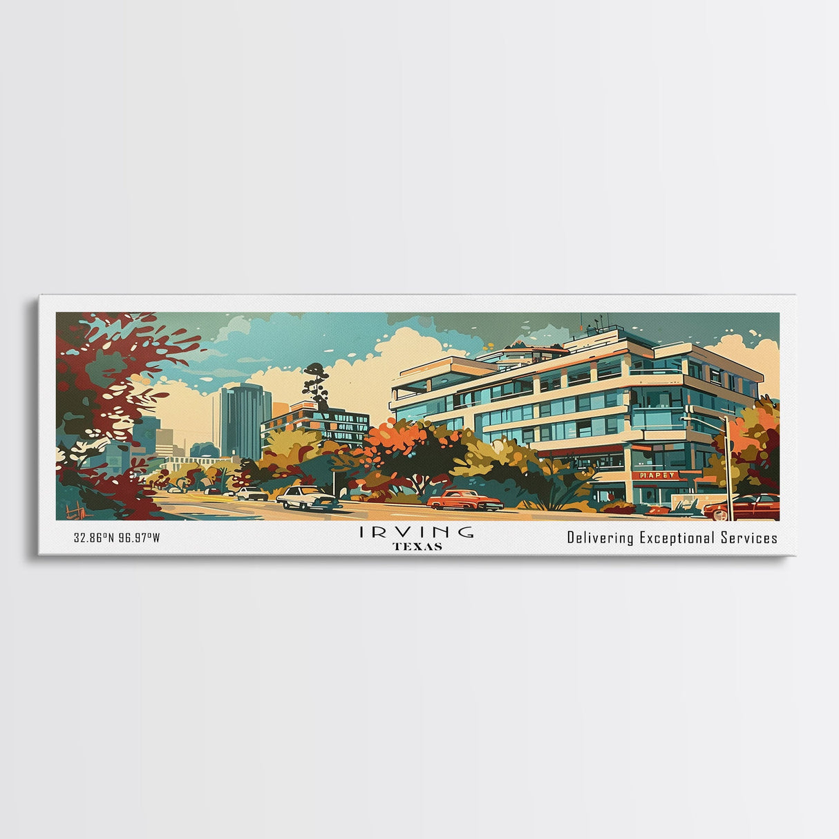 Irving Texas Panoramic Painting, Mid Century Modern Framed Canvas Print, Retro Pop Art Travel Poster, Wall Art, Home Decor, Office Wall Art, Gift Idea