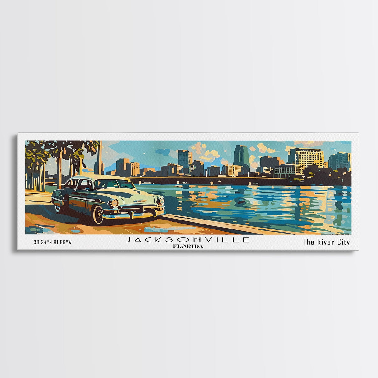 Jacksonville Florida Panoramic Wall Art, Mid Century Modern Framed Canvas Print, Retro Pop Art Travel Poster, Living Room Art, Office Decor, Wall Hanging