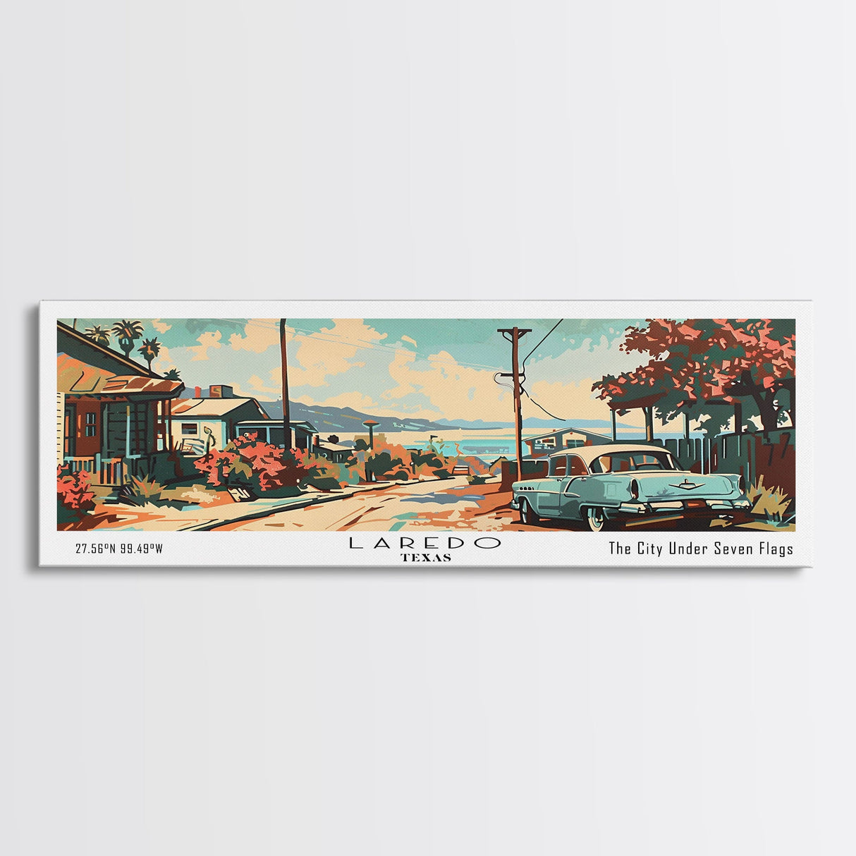 Laredo Texas Panoramic Painting, Mid Century Modern Framed Canvas Print, Retro Pop Art Travel Poster, Wall Art, Living Room Decor, Office Wall Art, Home Decor