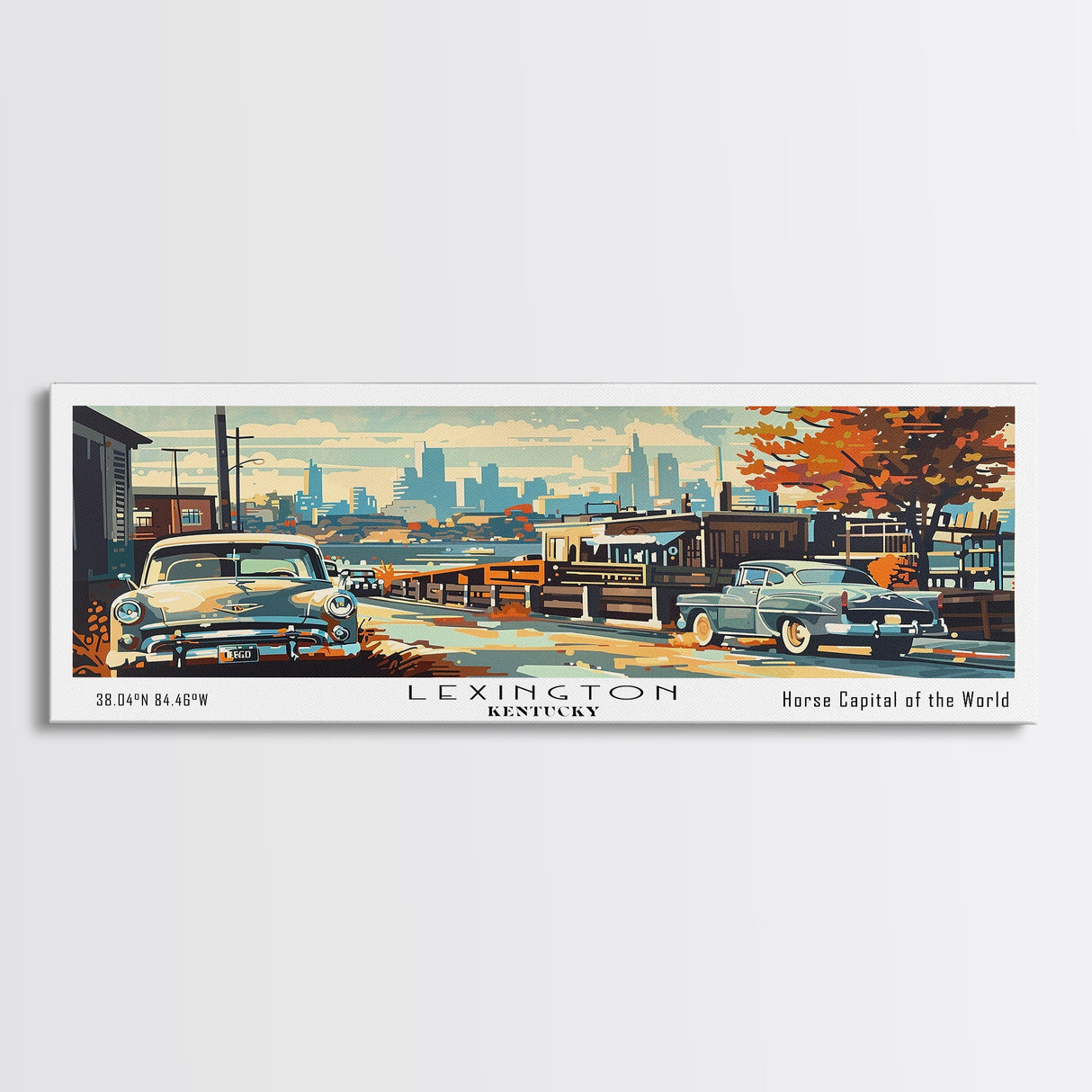 Lexington Kentucky Panoramic Wall Art, Mid Century Modern Framed Canvas Print, Retro Pop Art Travel Poster, Living Room Art, Office Decor, Wall Hanging