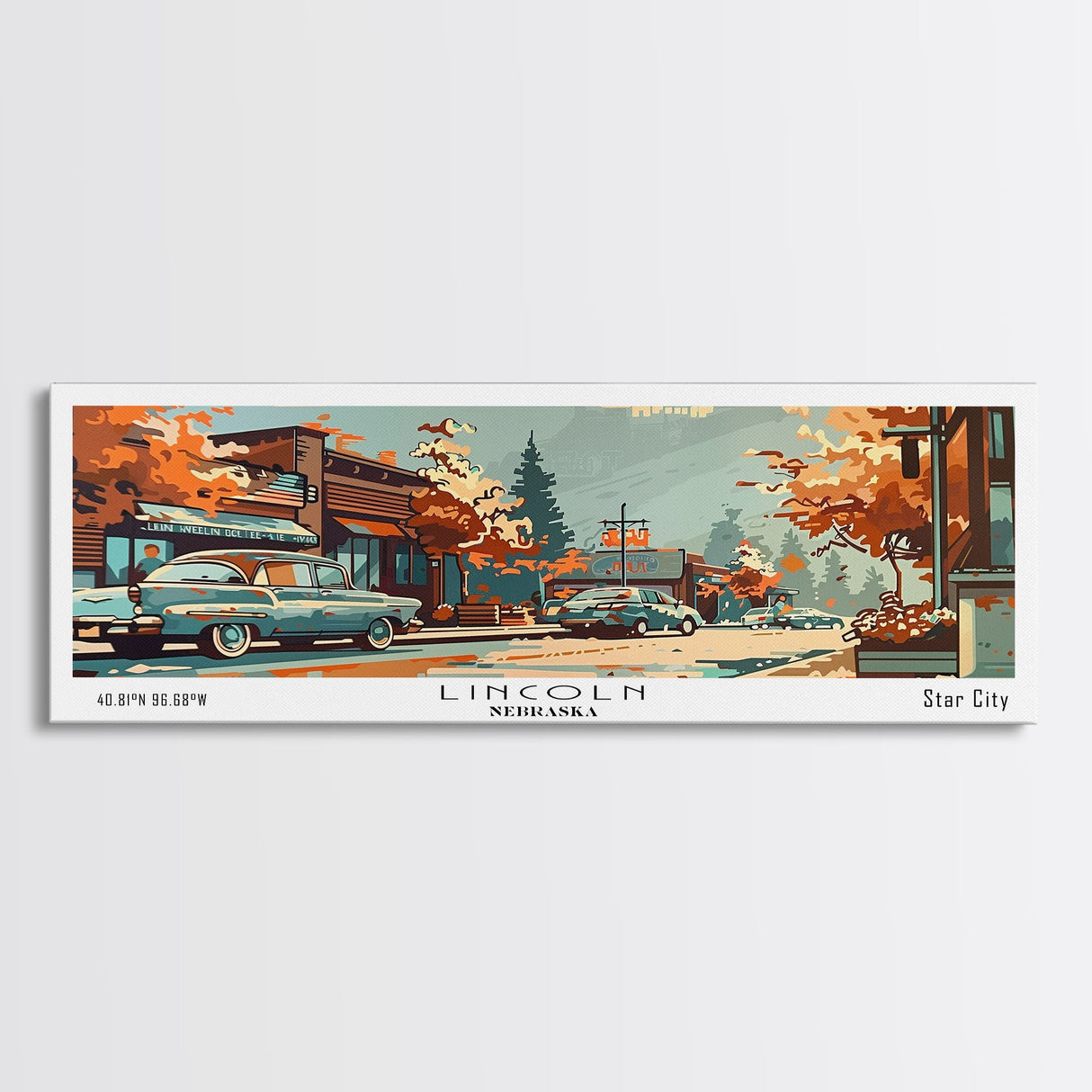 Lincoln Nebraska Panoramic Painting, Mid Century Modern Framed Canvas Print, Retro Pop Art Travel Poster, Wall Art, Home Decor, Office Wall Art, Living Room Decor