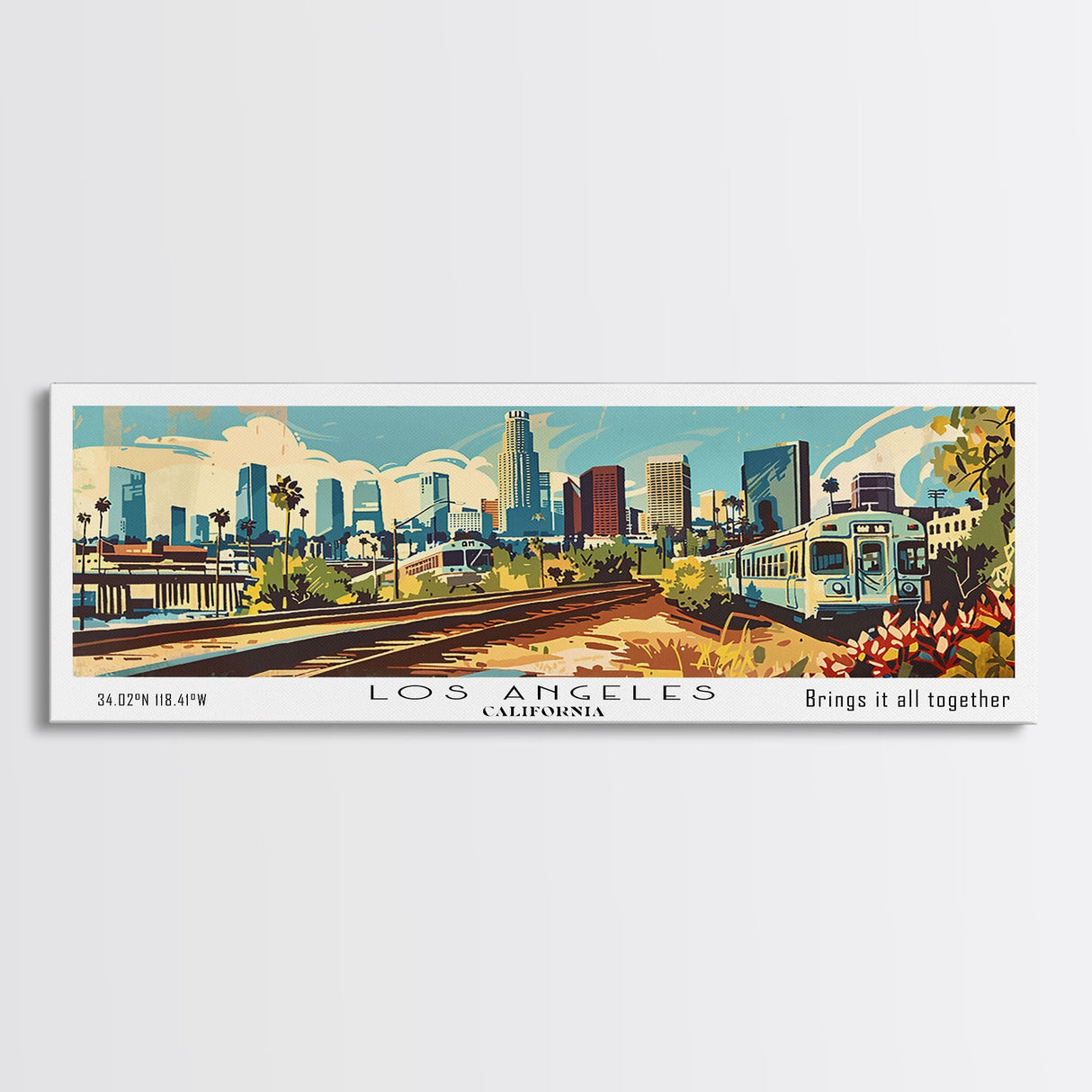 Los Angeles California Panoramic Wall Art, Mid Century Modern Framed Canvas Print, Retro Pop Art Travel Poster, Home Decor, Office Wall Art, Gift Idea