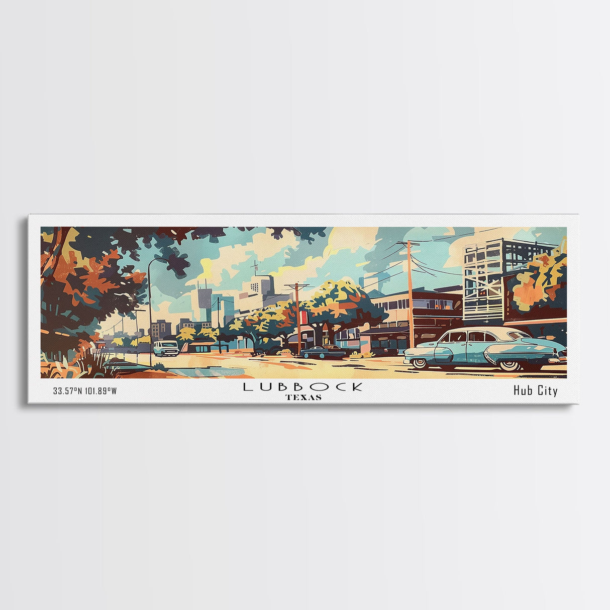 Lubbock Texas Panoramic Wall Art, Mid Century Modern Framed Canvas Print, Retro Pop Art Travel Poster, Home Decor, Living Room Art, Office Wall Hanging, Gift Idea