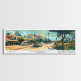 Modesto California Panoramic Wall Art, Mid Century Modern Framed Canvas Print, Retro Pop Art Travel Poster, Home Decor, Office Art, Living Room Wall Hanging, Gift Idea