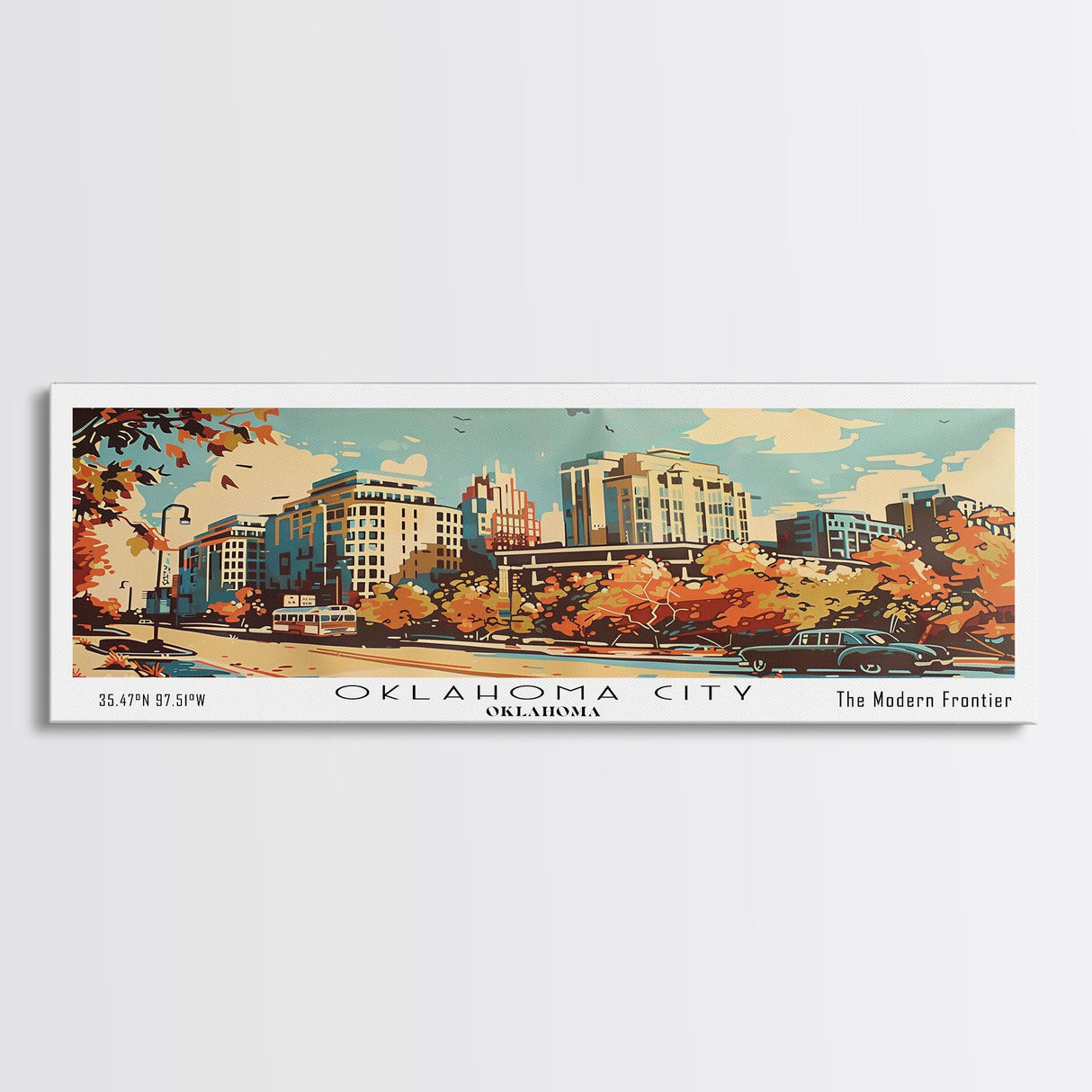 Oklahoma City Oklahoma Panoramic Wall Art, Mid Century Modern Framed Canvas Print, Retro Pop Art Travel Poster, Home Decor, Office Art, Gift Idea, Living Room Wall Hanging