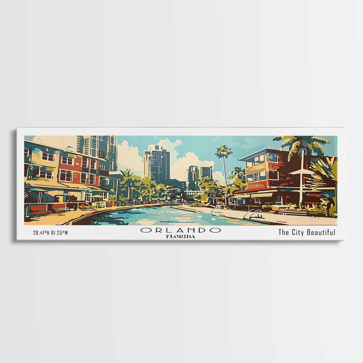 Orlando Florida Panoramic Wall Art, Mid Century Modern Framed Canvas Print, Retro Pop Art Travel Poster, Home Decor, Office Art, Gift Idea, Living Room Wall Hanging