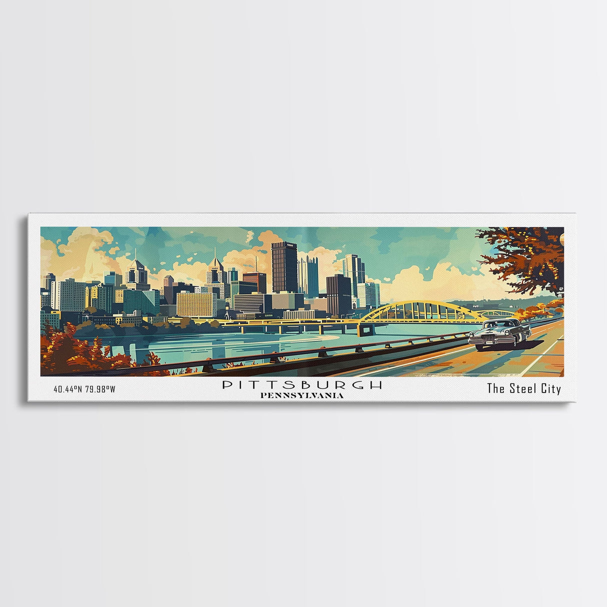 Pittsburgh Pennsylvania Panoramic Wall Art, Mid Century Modern Framed Canvas Print, Retro Pop Art Travel Poster, Living Room Decoration