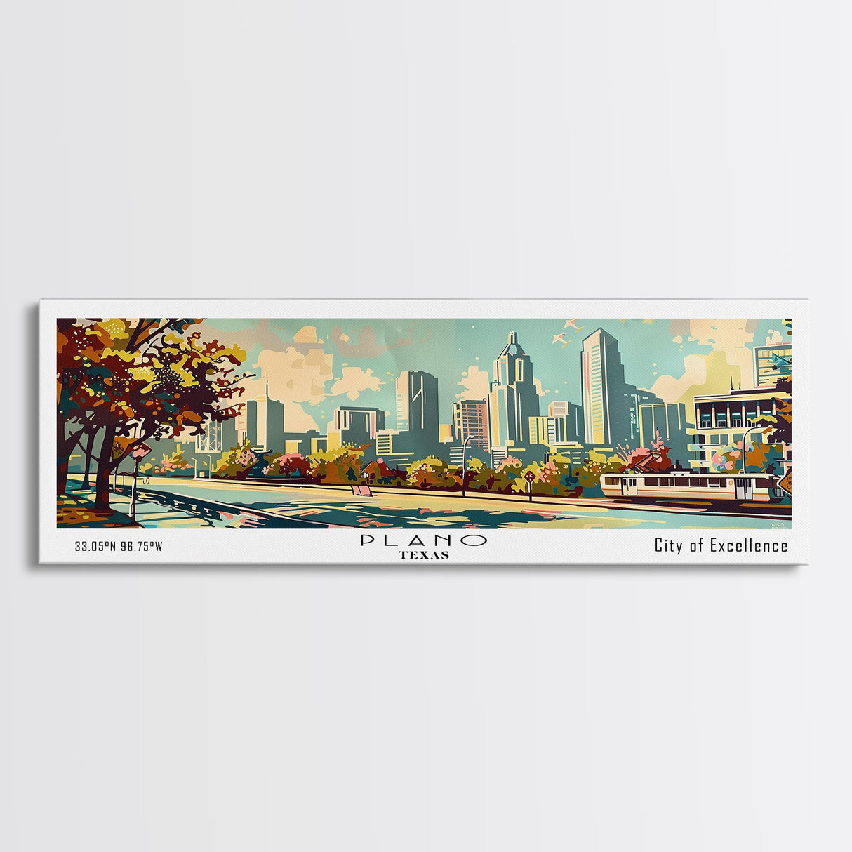 Plano Texas Panoramic Painting, Mid Century Modern Framed Canvas Print, Retro Pop Art Travel Poster, Living Room and Office Decor