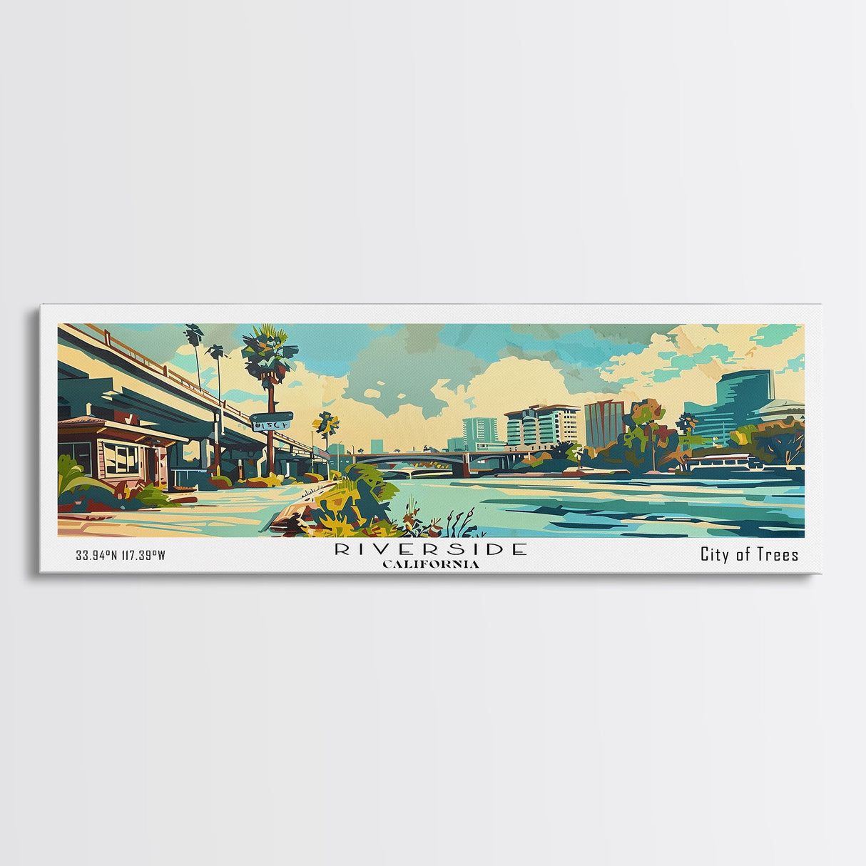 Riverside California Panoramic Wall Art, Mid Century Modern Framed Canvas Print, Retro Pop Art Travel Poster, Living Room and Office Decor