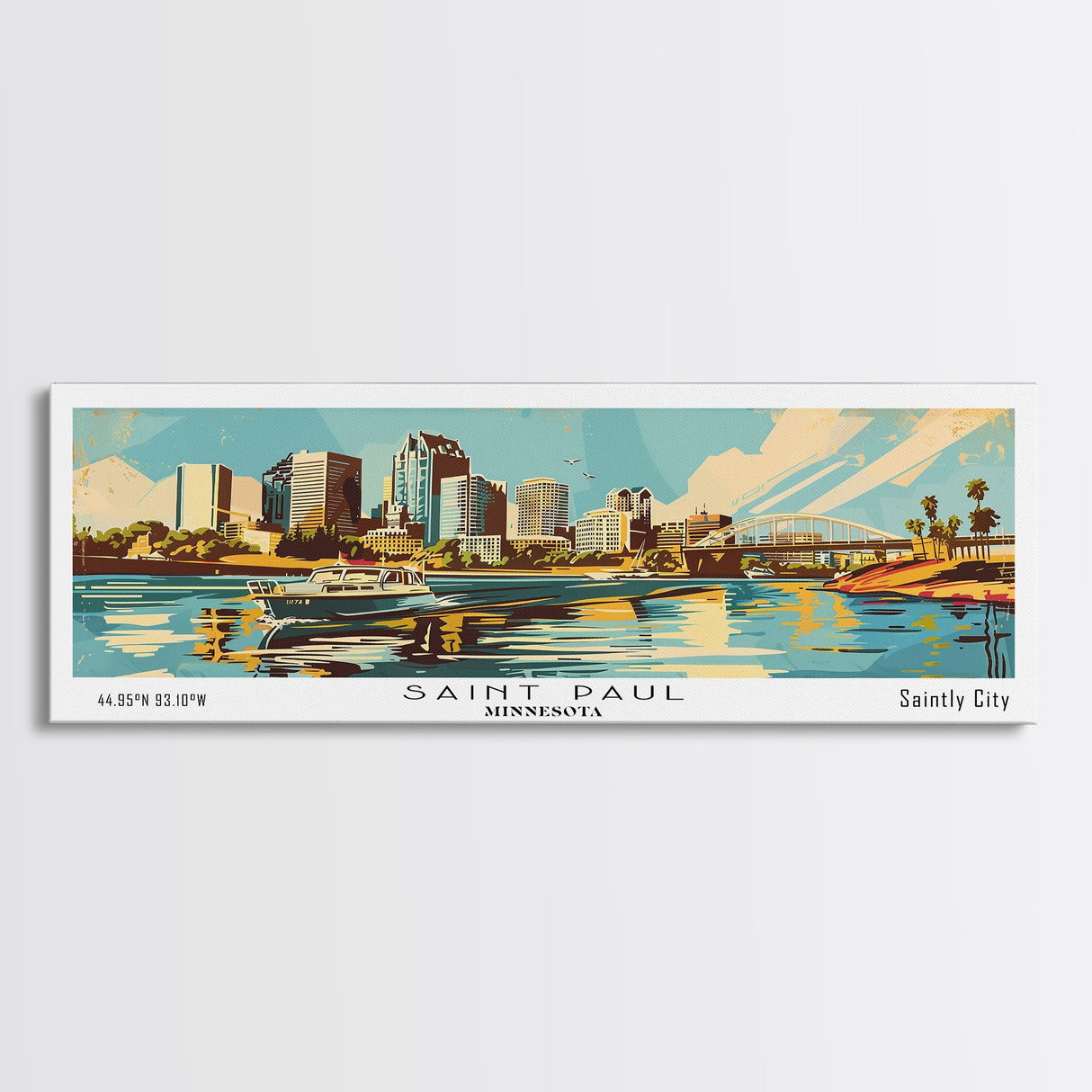 Saint Paul Minnesota Panoramic Painting, Mid Century Modern Framed Canvas Print, Retro Pop Art Travel Poster, Living Room and Office Wall Art