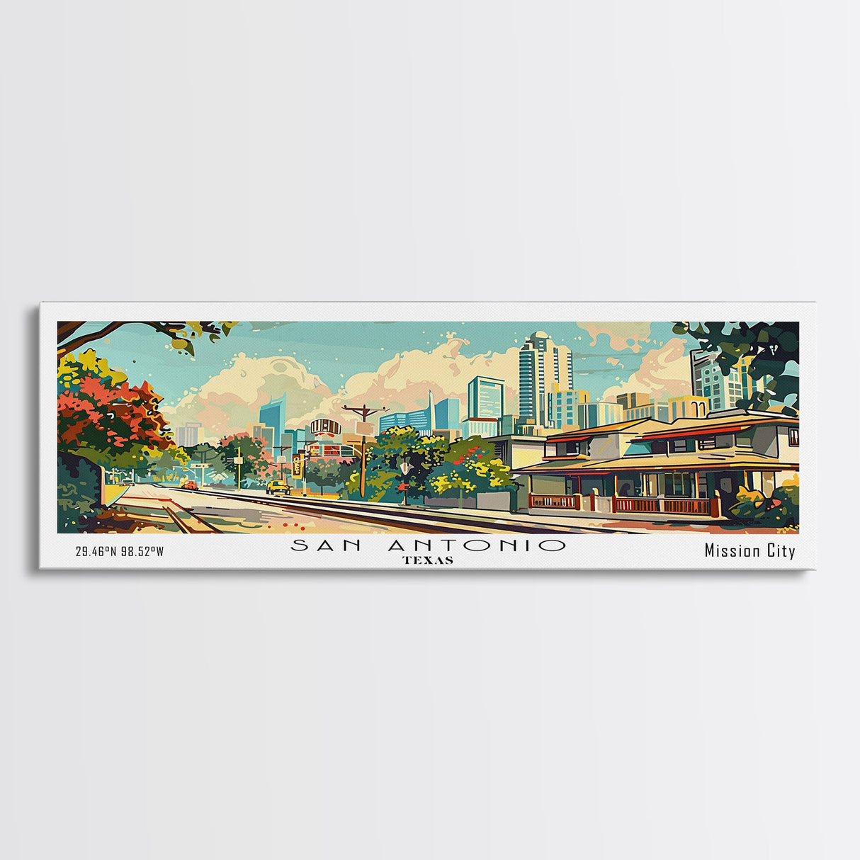 San Antonio Texas Panoramic Wall Art, Mid Century Modern Framed Canvas Print, Retro Pop Art Travel Poster, Living Room and Office Decor