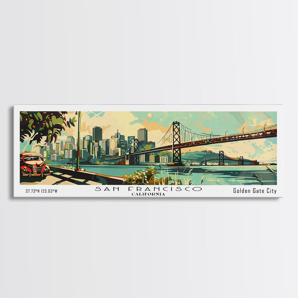 San Francisco California Panoramic Painting, Mid Century Modern Framed Canvas Print, Retro Pop Art Travel Poster, Living Room and Office Wall Art