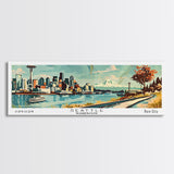 Seattle Washington Panoramic Painting, Mid Century Modern Framed Canvas Print, Retro Pop Art Travel Poster, Living Room Wall Art Decor