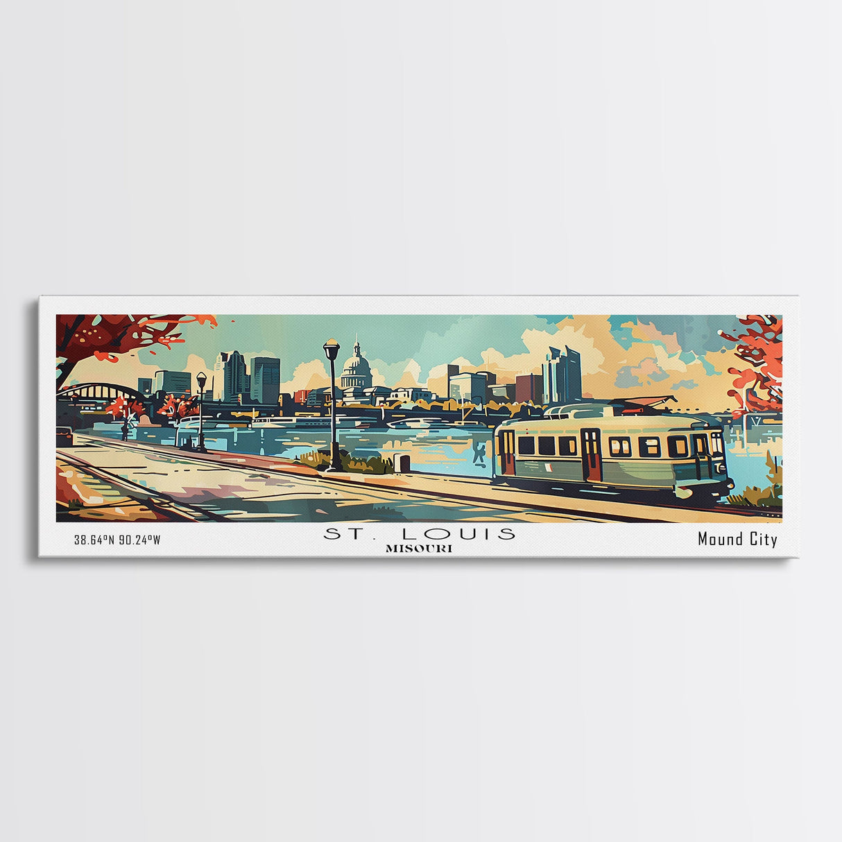 St. Louis Missouri Panoramic Painting, Mid Century Modern Framed Canvas Print, Retro Pop Art Travel Poster, Living Room Wall Art and Office Decor