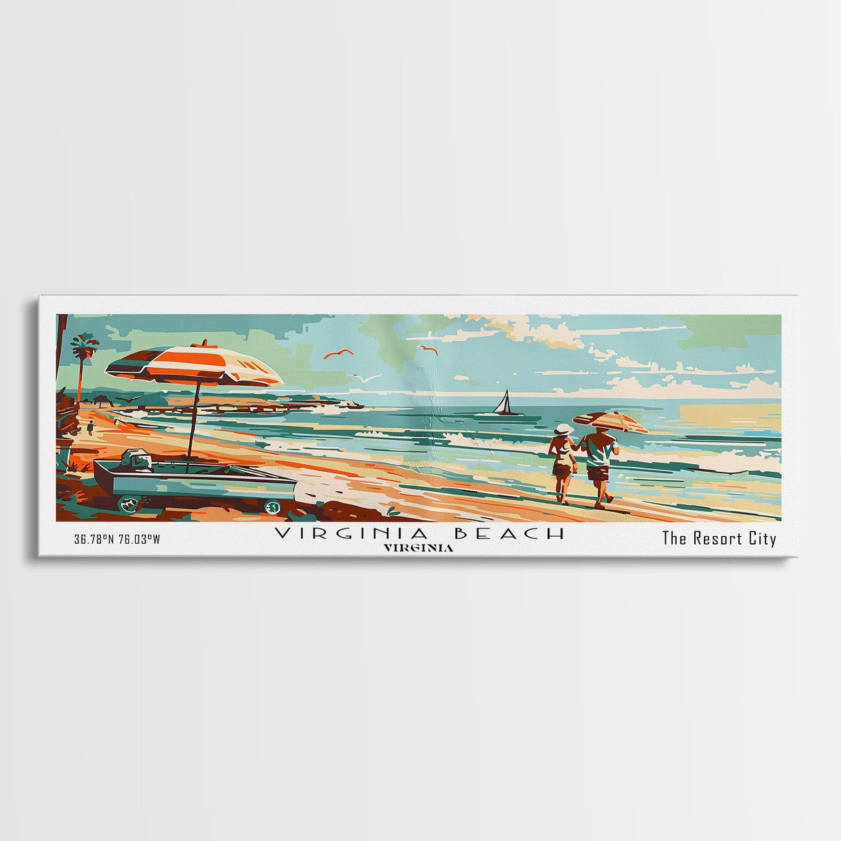 Virginia Beach Virginia Panoramic Wall Art, Mid Century Modern Framed Canvas Print, Retro Pop Art Travel Poster, Living Room and Office Decor