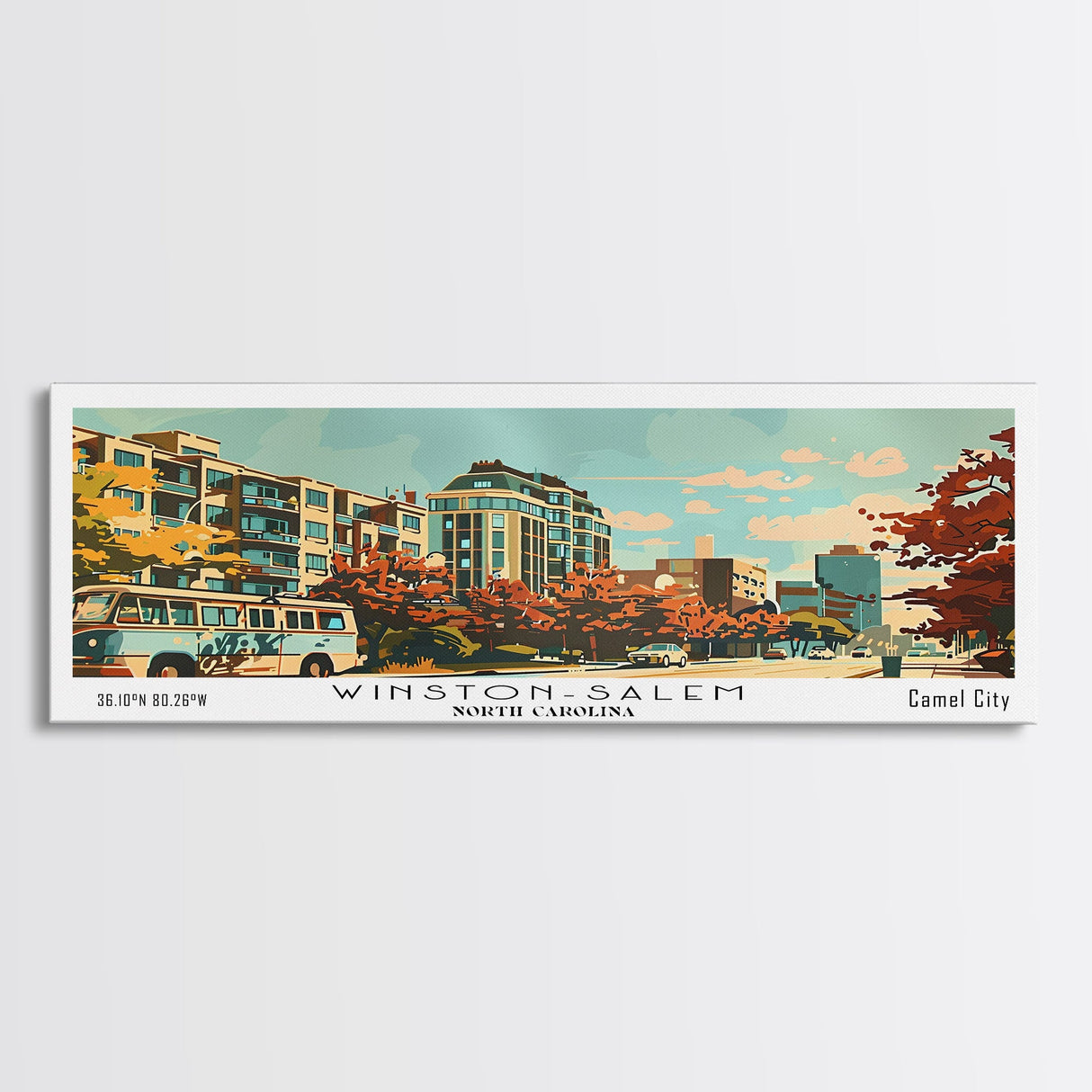 Winston-Salem North Carolina Panoramic Painting, Mid Century Modern Framed Canvas Print, Retro Pop Art Travel Poster, Living Room Wall Art Decor