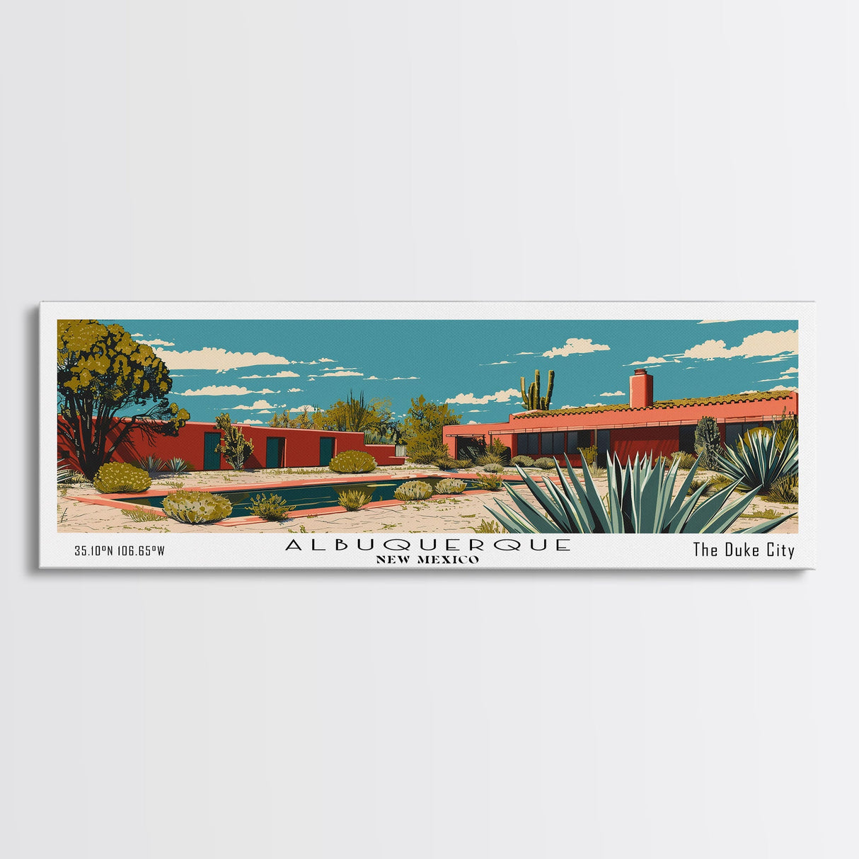 Albuquerque New Mexico Panoramic Painting, Mid Century Modern Framed Canvas Print, Retro Pop Art Travel Poster, Home Decor, City Print