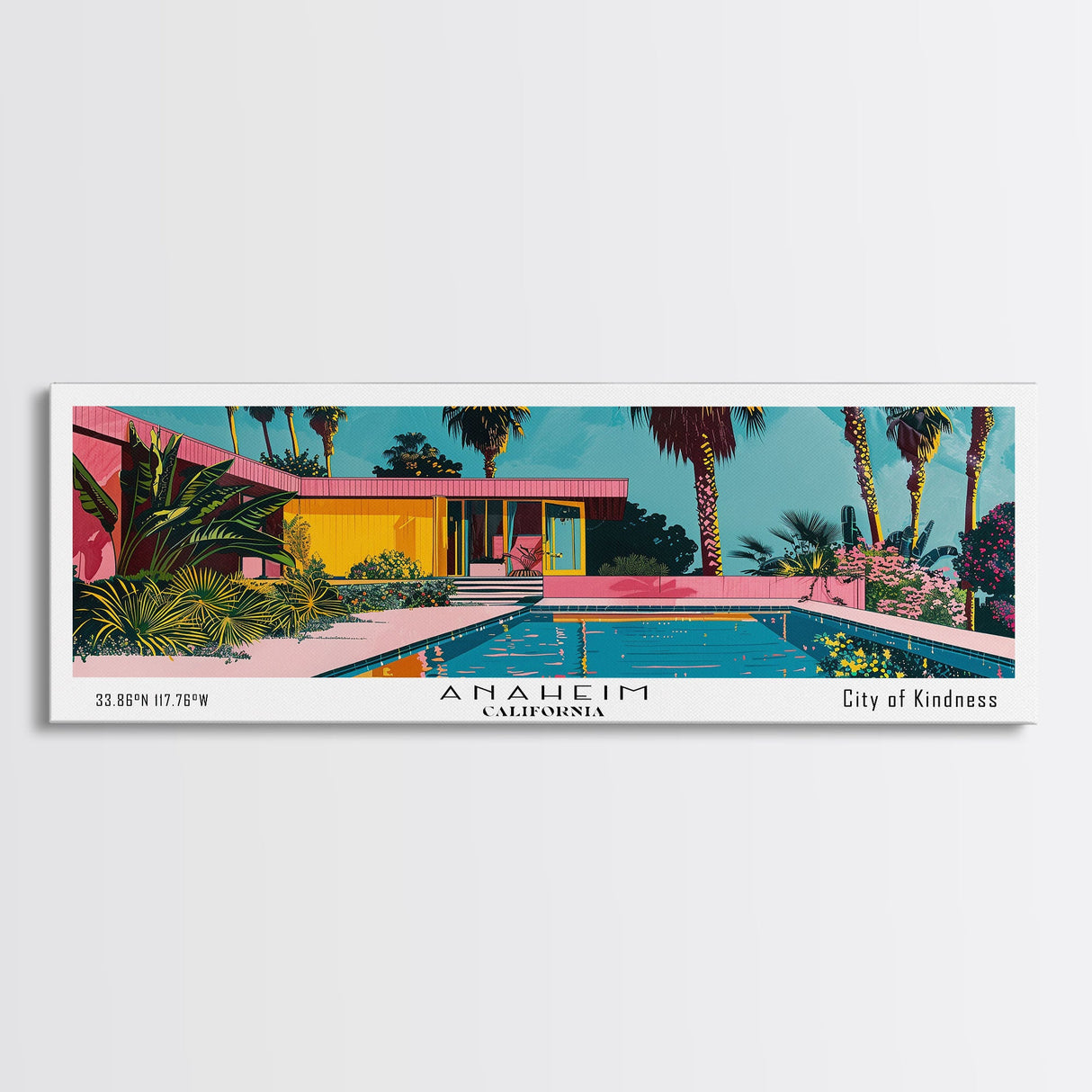 Anaheim California Panoramic Painting, Mid Century Modern Framed Canvas Print, Retro Pop Art Travel Poster, Office Wall Art, City Print