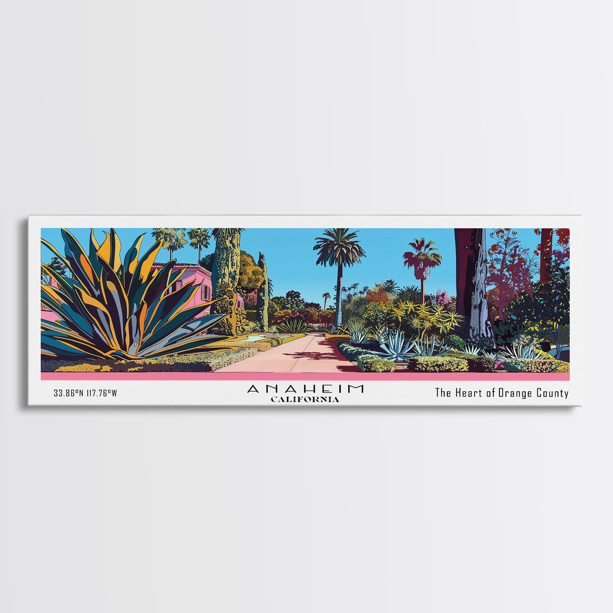 Anaheim California Panoramic Painting, Mid Century Modern Framed Canvas Print, Retro Pop Art Travel Poster, Home Decor, City Art