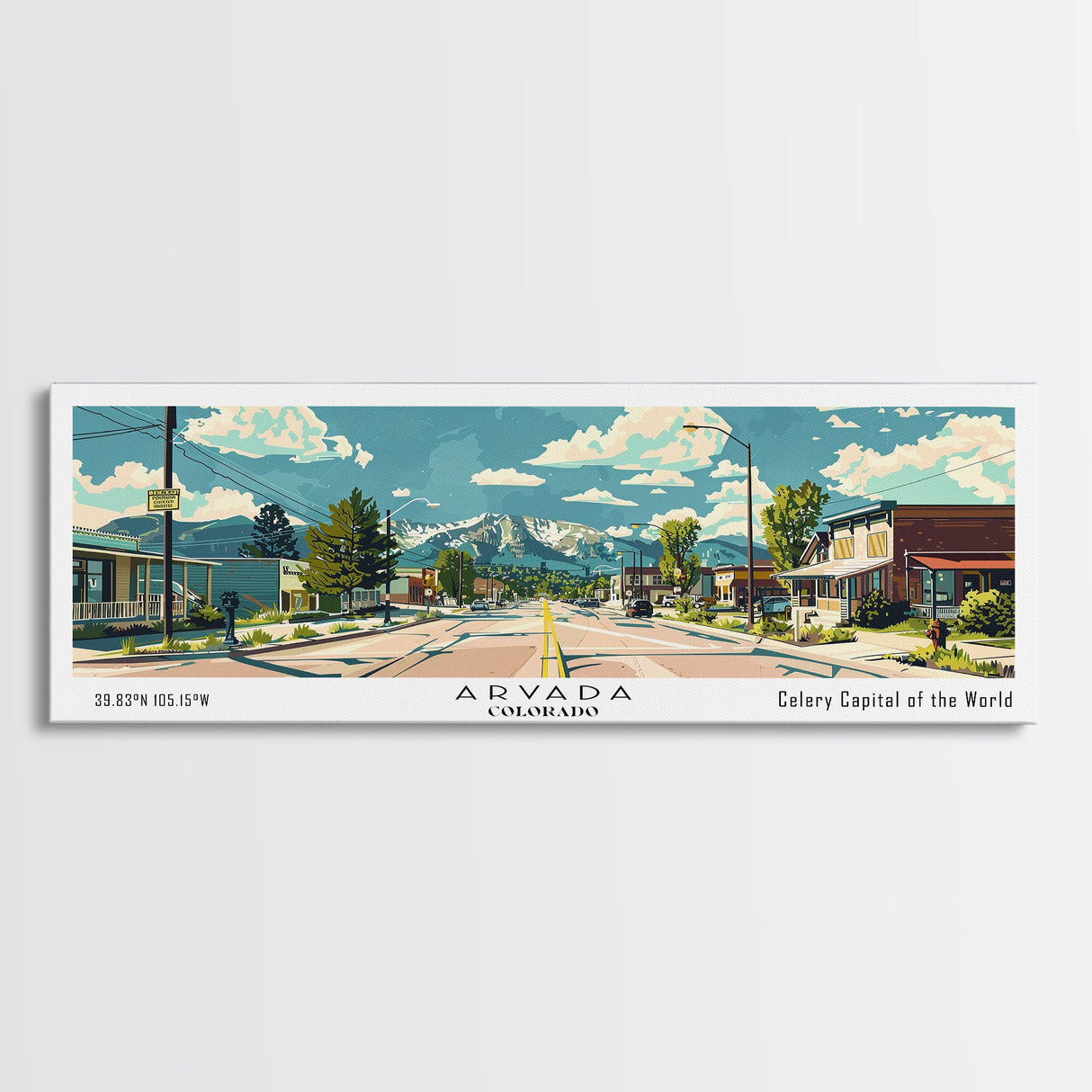 Arvada Colorado Panoramic Painting, Mid Century Modern Framed Canvas Print, Retro Pop Art Travel Poster, Living Room Wall Art, City Print