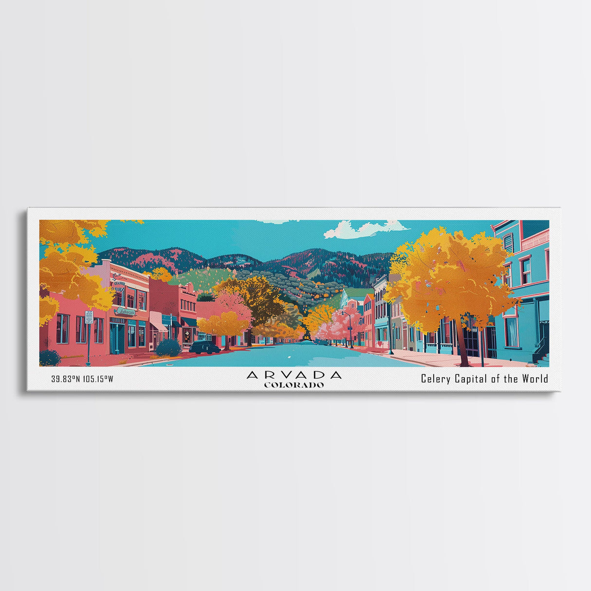 Arvada Colorado Panoramic Painting, Mid Century Modern Framed Canvas Print, Retro Pop Art Travel Poster, Living Room Wall Art, City Print