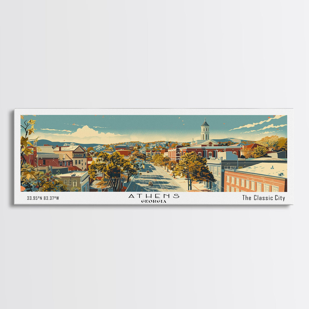 Athens Georgia Panoramic Painting, Mid Century Modern Framed Canvas Print, Retro Pop Art Travel Poster, Living Room Wall Art Decor, City Print