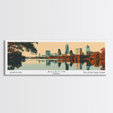 Austin Texas Panoramic Painting, Mid Century Modern Framed Canvas Print, Retro Pop Art Travel Poster, Home Decor, City Art