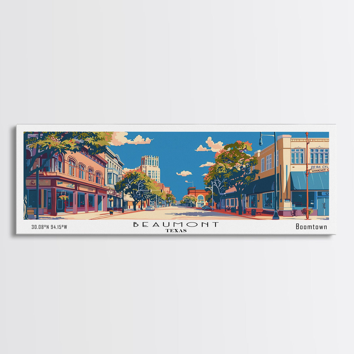 Beaumont Texas Panoramic Painting, Mid Century Modern Framed Canvas Print, Retro Pop Art Travel Poster, Living Room Wall Art, City Print