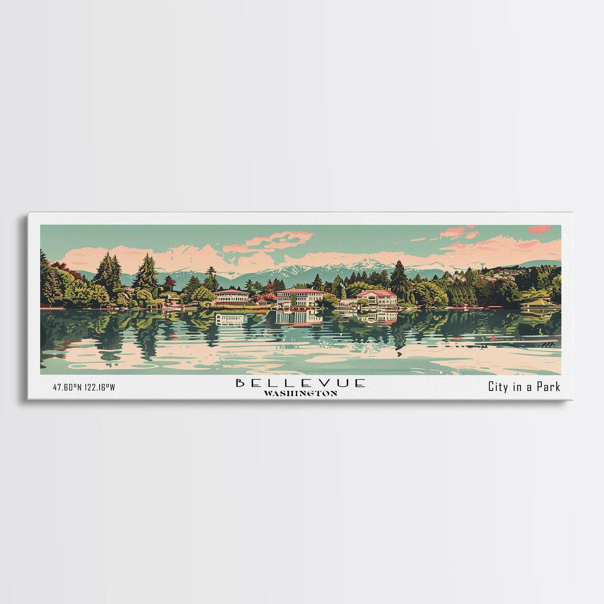 Bellevue Washington Panoramic Painting, Mid Century Modern Framed Canvas Print, Retro Pop Art Travel Poster, Office Wall Art, City Print