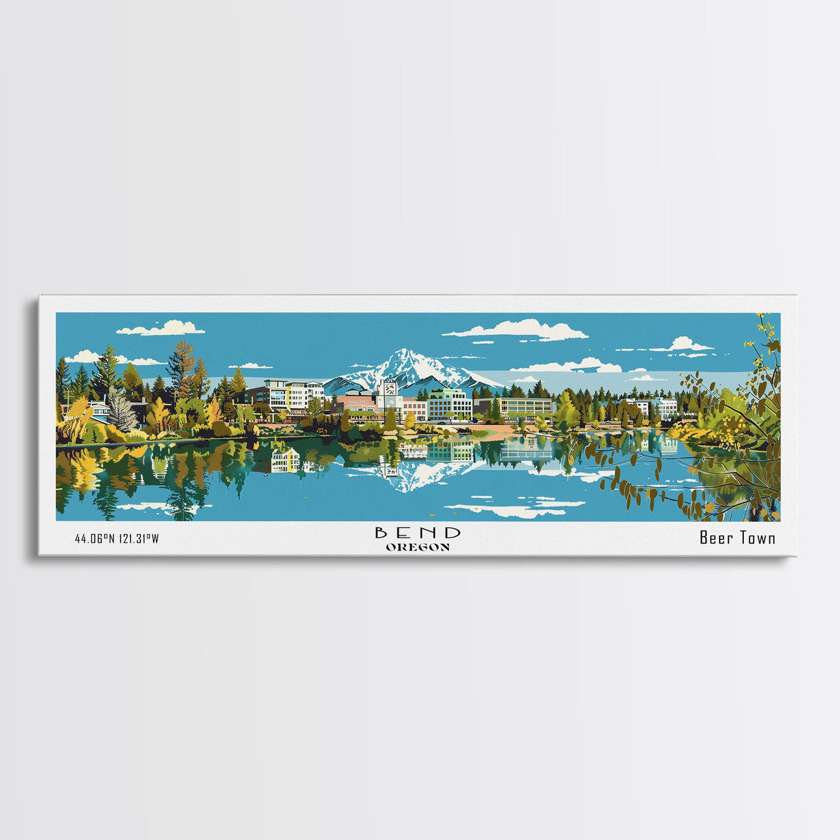 Bend Oregon Panoramic Painting, Mid Century Modern Framed Canvas Print, Retro Pop Art Travel Poster, City Wall Art Decor, Office Art