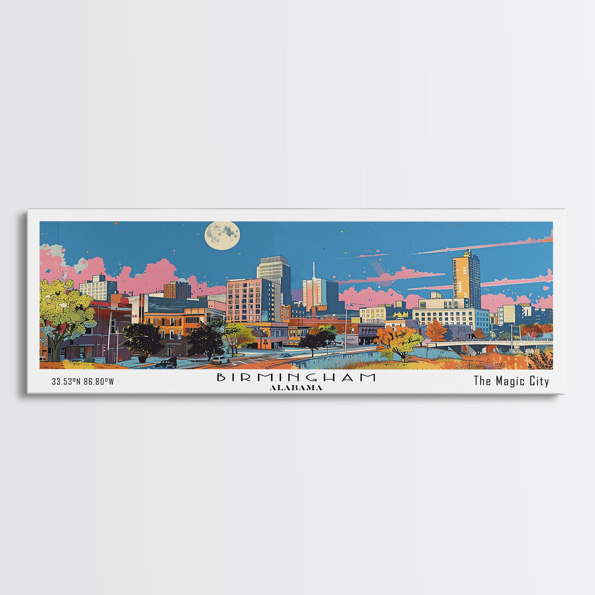 Birmingham Alabama Panoramic Painting, Mid Century Modern Framed Canvas Print, Retro Pop Art Travel Poster, Office Wall Art, City Print