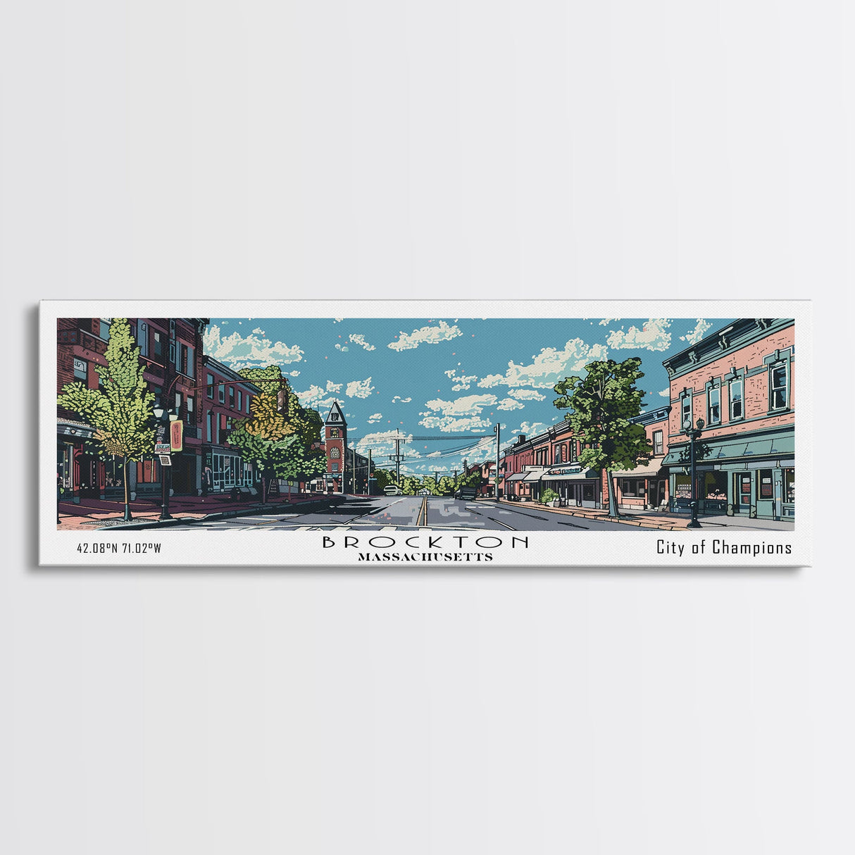 Brockton Massachusetts Panoramic Painting, Mid Century Modern Framed Canvas Print, Retro Pop Art Travel Poster, Home Decor, City Art