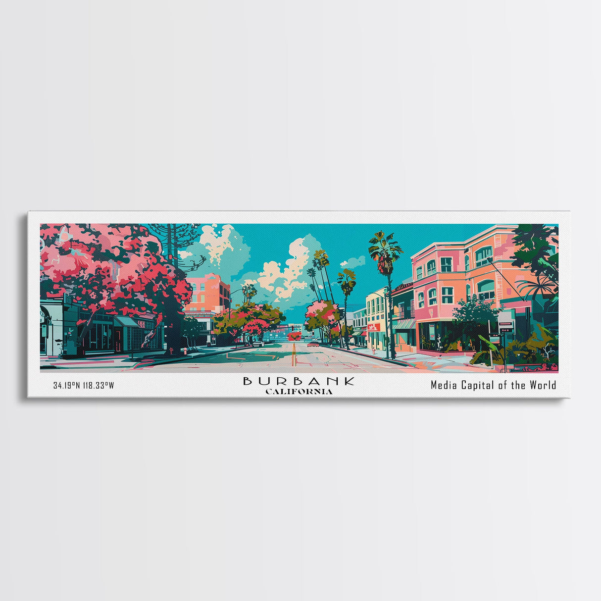 Burbank California Panoramic Painting, Mid Century Modern Framed Canvas Print, Retro Pop Art Travel Poster, Living Room Wall Art, City Art