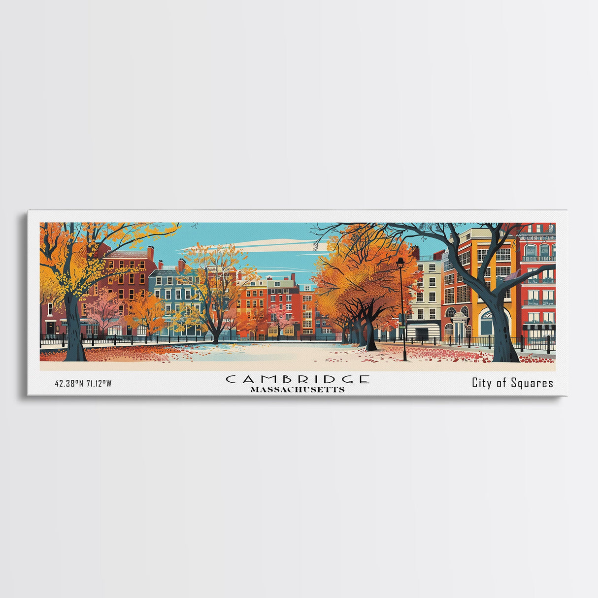 Cambridge Massachusetts Panoramic Painting, Mid Century Modern Framed Canvas Print, Retro Pop Art Travel Poster, Home Decor, City Print