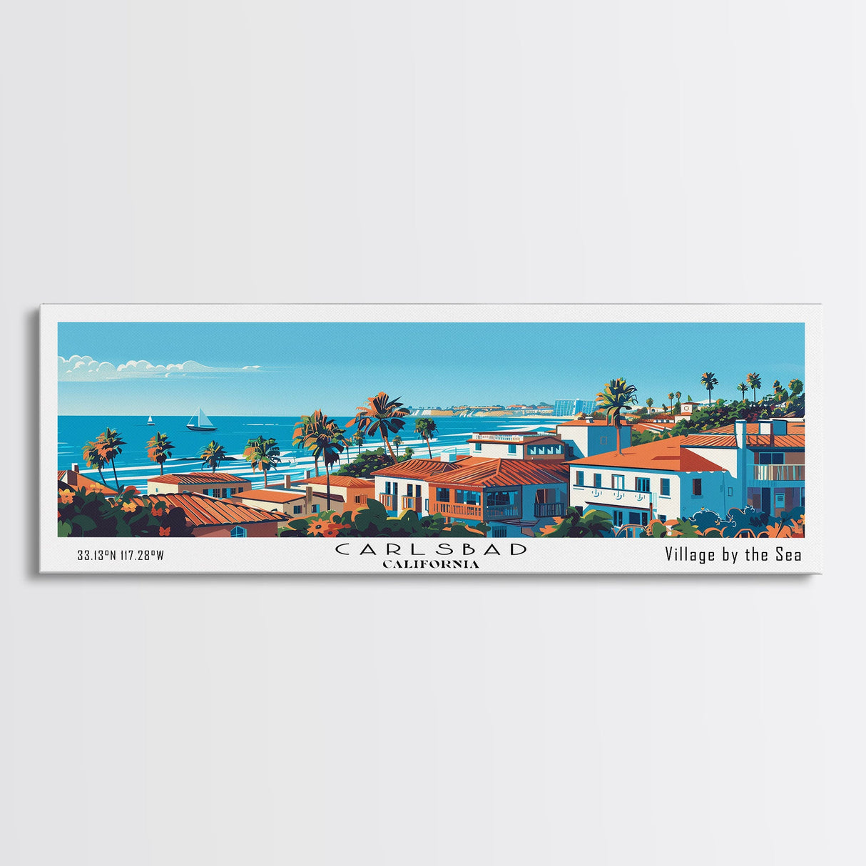 Carlsbad California Panoramic Painting, Mid Century Modern Framed Canvas Print, Retro Pop Art Travel Poster, Living Room Wall Art, City Print