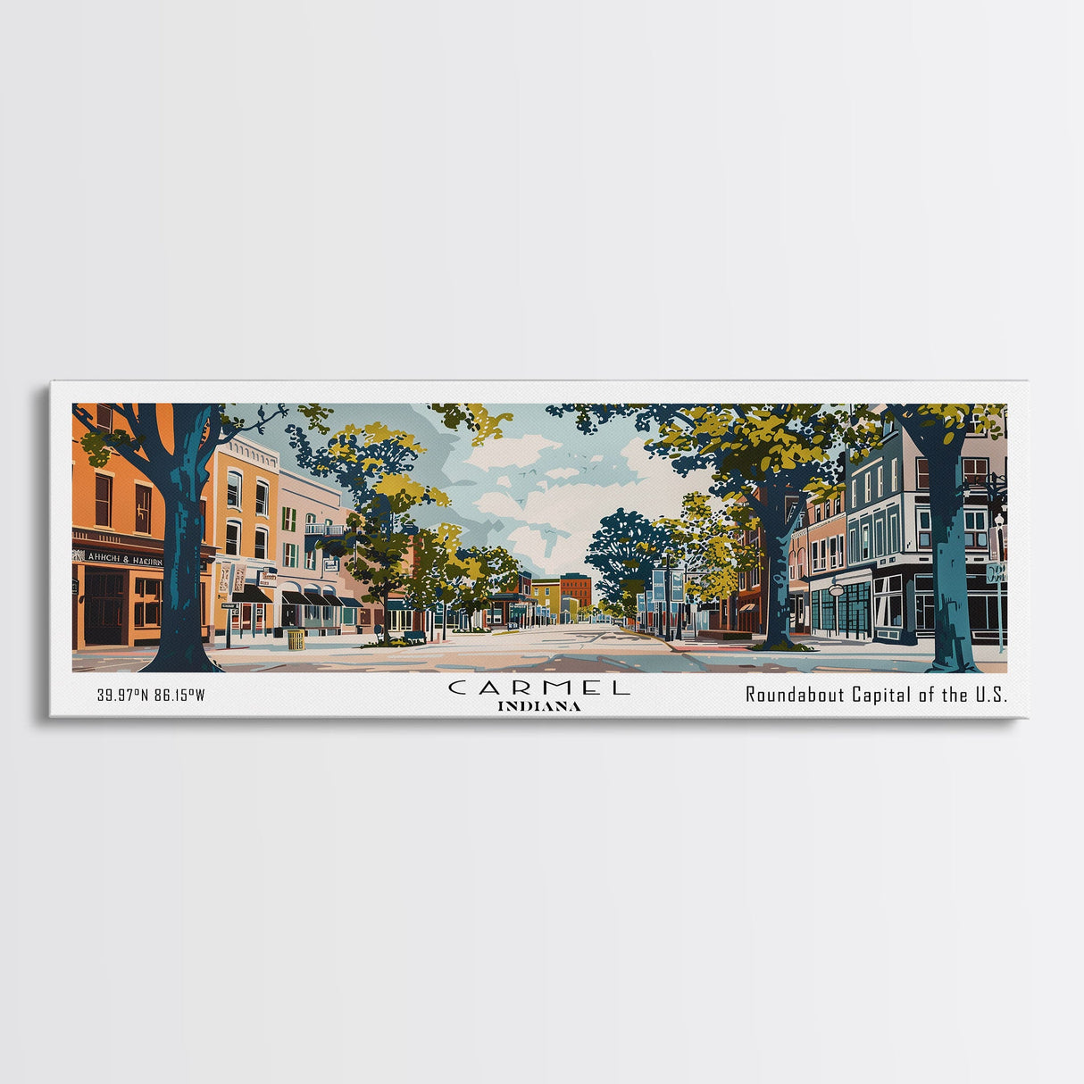 Carmel Indiana Panoramic Painting, Mid Century Modern Framed Canvas Print, Retro Pop Art Travel Poster, Home Decor, City Art