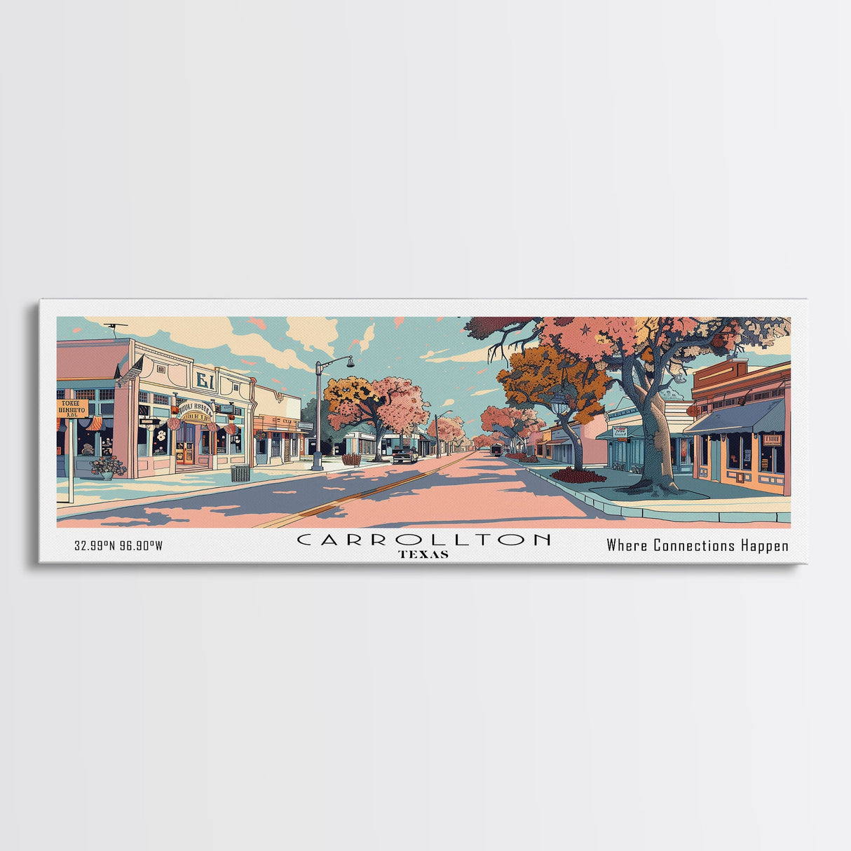 Carrollton Texas Panoramic Painting, Mid Century Modern Framed Canvas Print, Retro Pop Art Travel Poster, Office Wall Art, City Print