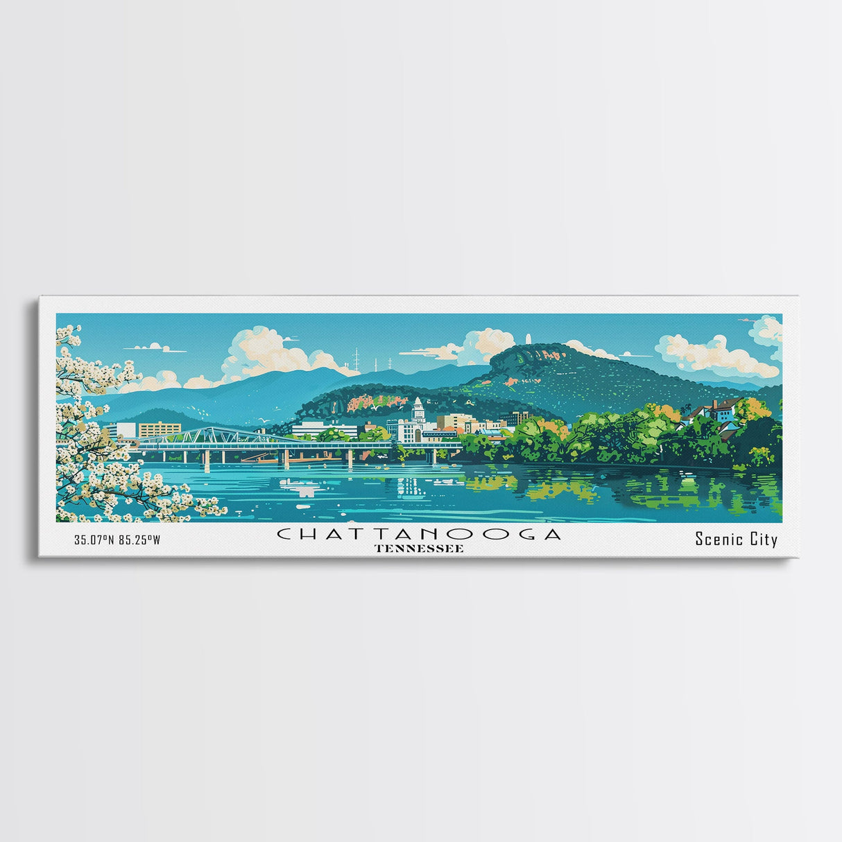 Chattanooga Tennessee Panoramic Painting, Mid Century Modern Framed Canvas Print, Retro Pop Art Travel Poster, Home Decor, City Print