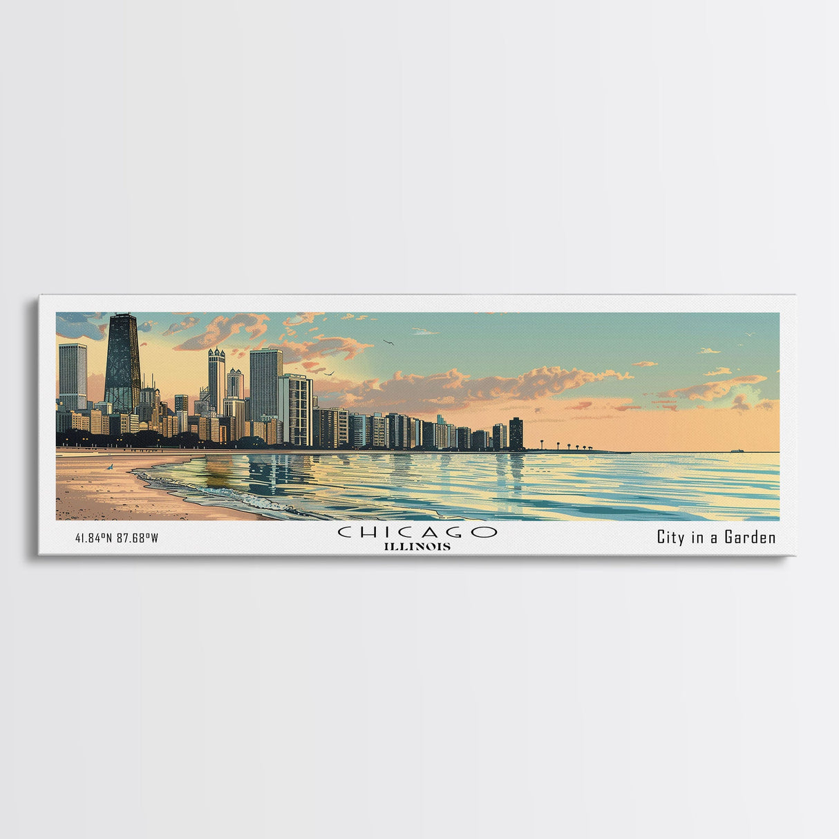 Chicago Florida Panoramic Painting, Mid Century Modern Framed Canvas Print, Retro Pop Art Travel Poster, Living Room Wall Art, City Art